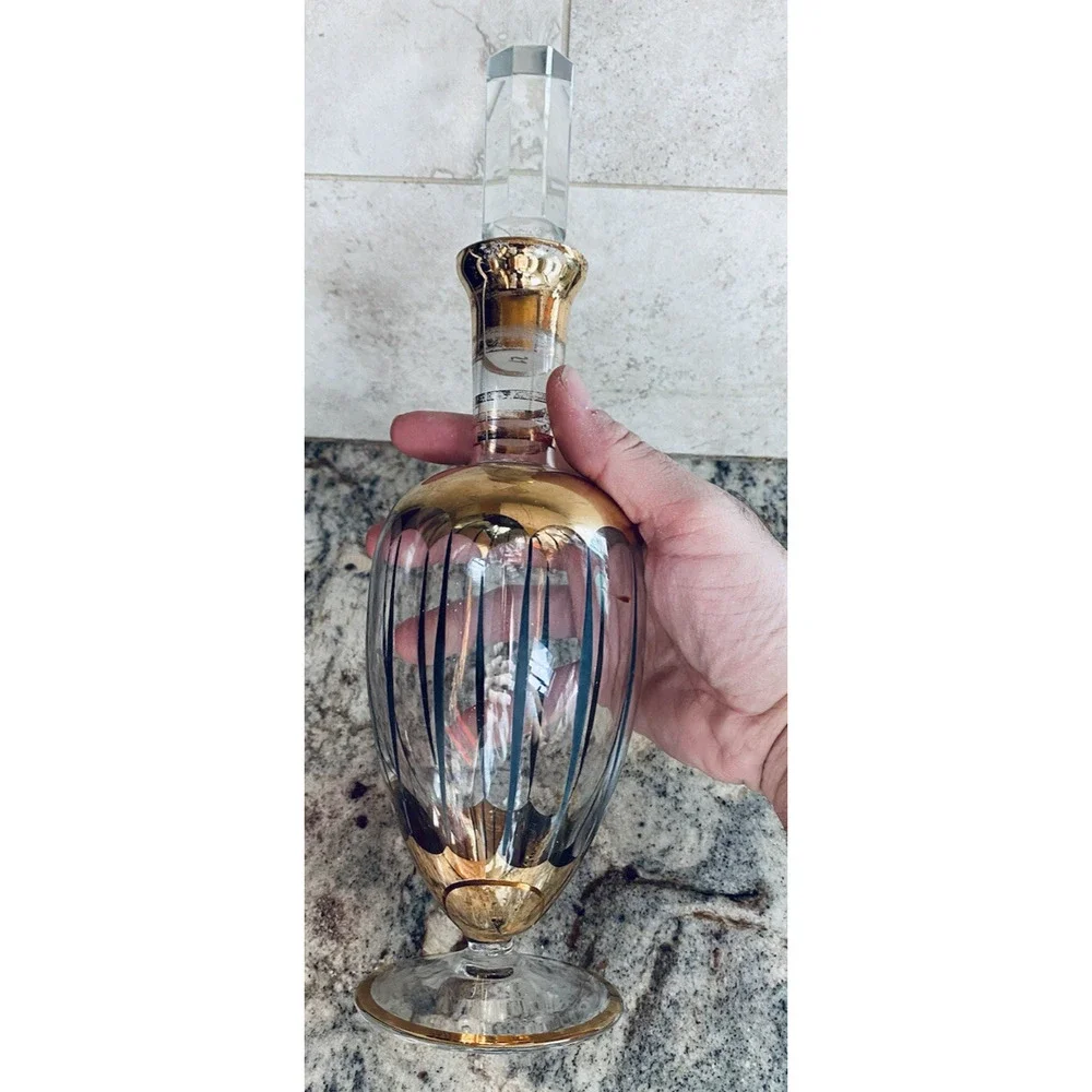 Vintage MCM Bohemia Crystal Glass Decanter Gold Black Gorgeous Antique Beautiful